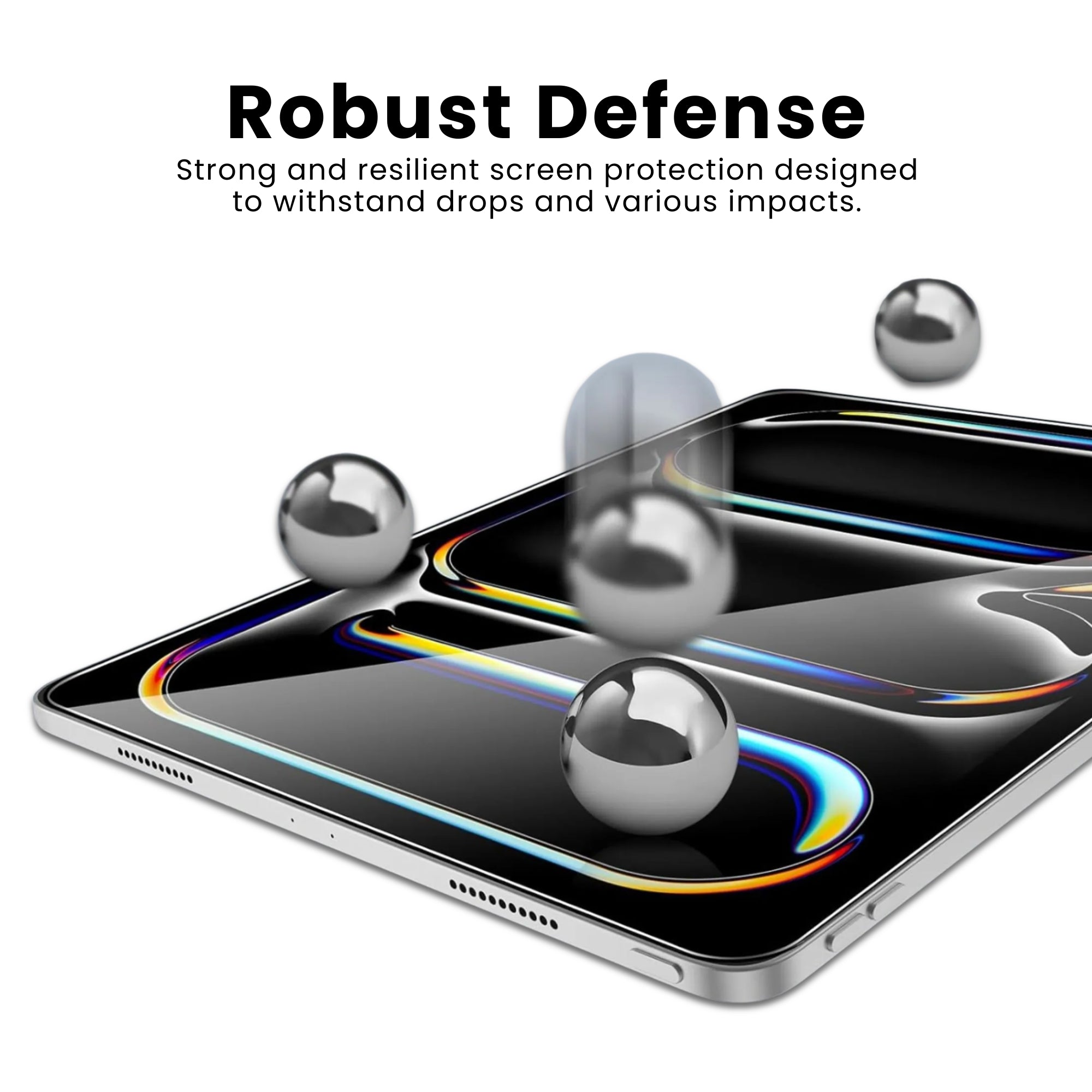 A clear tempered glass screen protector for an iPad, indicating its transparency and robust defense for the screen.