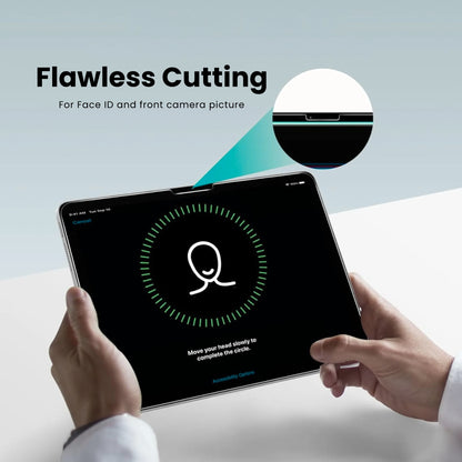 A clear tempered glass screen protector for iPad, showing flawless cutting with perfect fit on the screen.