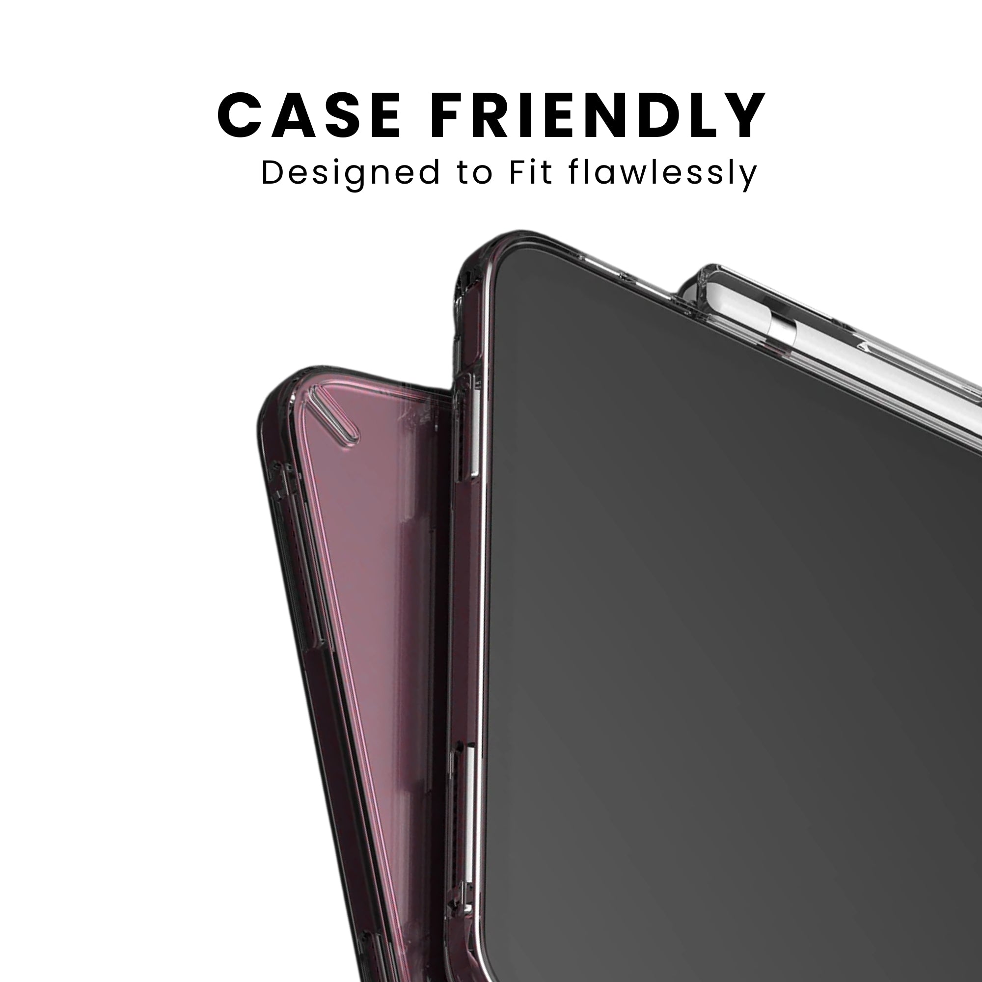 A clear tempered glass screen protector for iPad mini, displayed on a plain background indicating case friendly design.