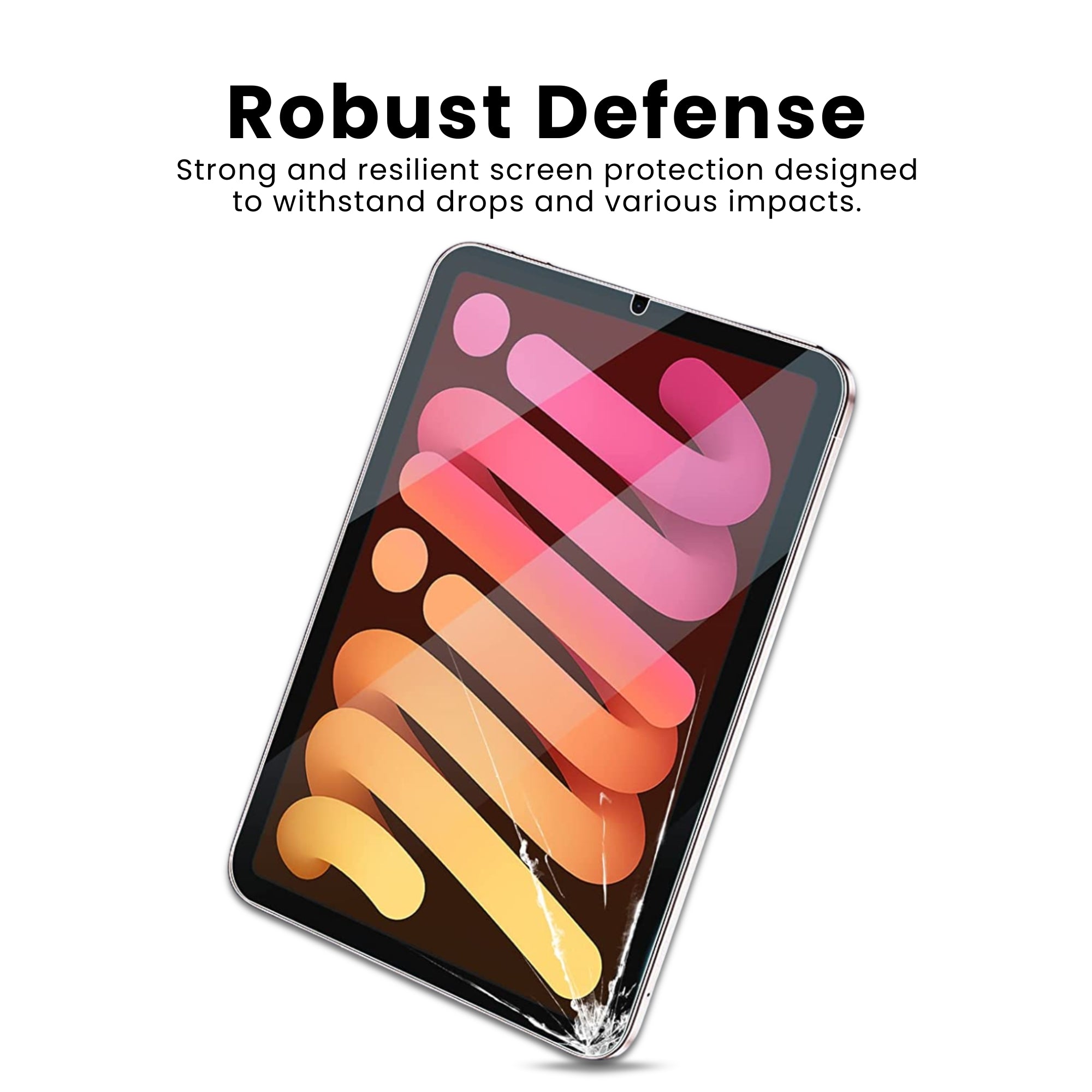 A clear tempered glass screen protector for iPad mini with robust defense system, displayed on a plain background.