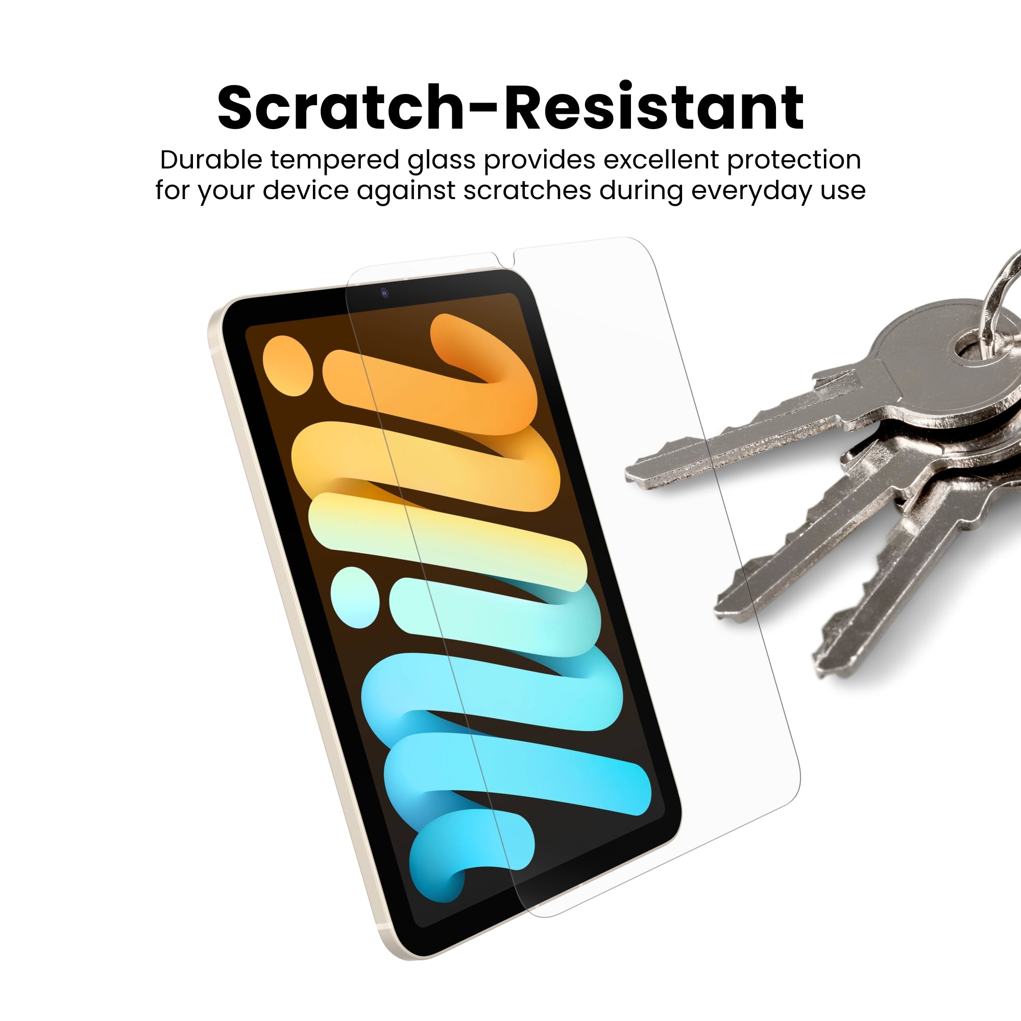 A clear tempered glass screen protector for iPad mini, indicating scratch resistant screen displayed on a plain background.