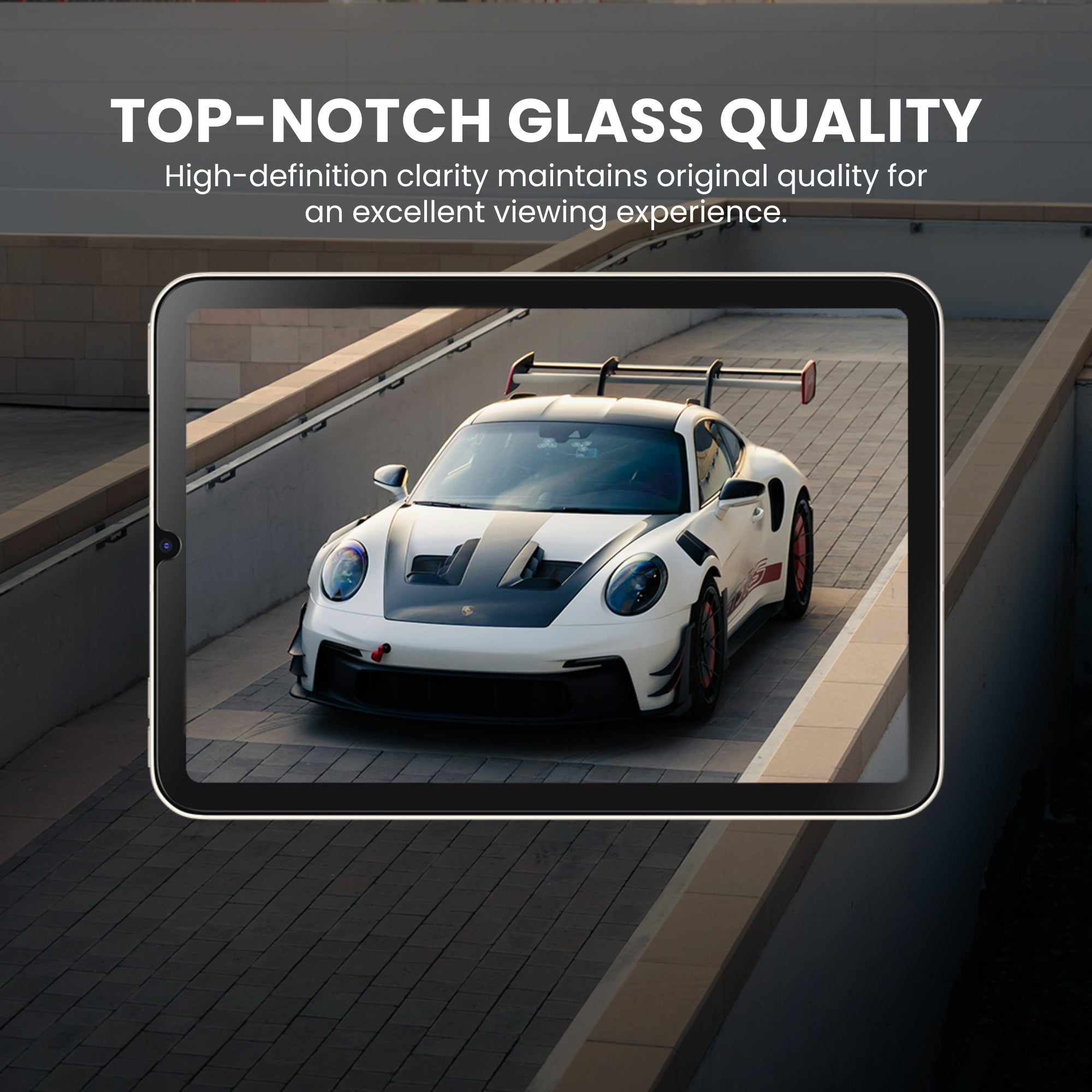 A clear tempered glass screen protector for iPad mini with Top notch glass quality, displayed on a plain background.