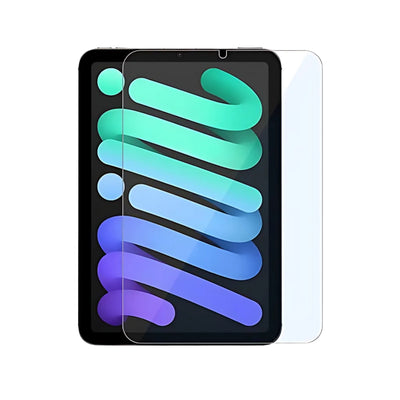 A clear tempered glass screen protector for iPad mini, displayed on a plain background.