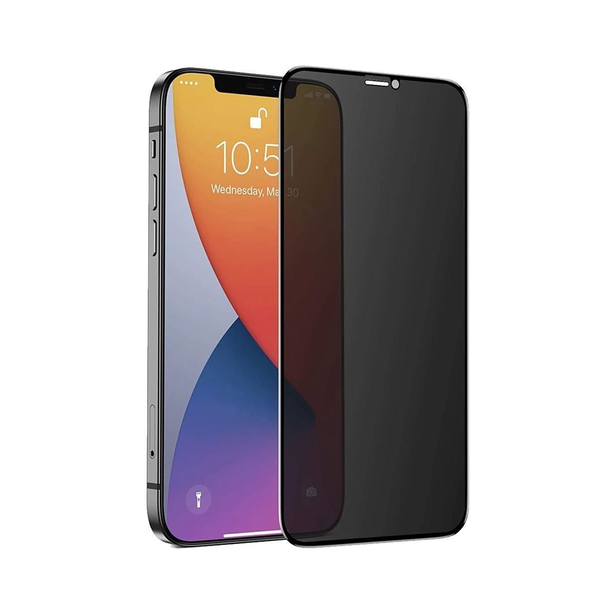 Tinted screen protector for iPhone 12 Pro Max, showing the back screen view with a reflection of a colorful image.