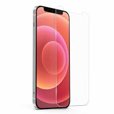 A clear tempered glass screen protector for the iPhone 12, showing the screen protector on an iPhone 12 screen.