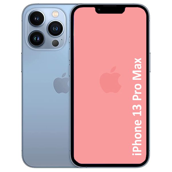 A refurbished iPhone 13 Pro Max in blue color showing the back side with the Apple logo and the text 'iPhone 13 Pro Max' on the screen.