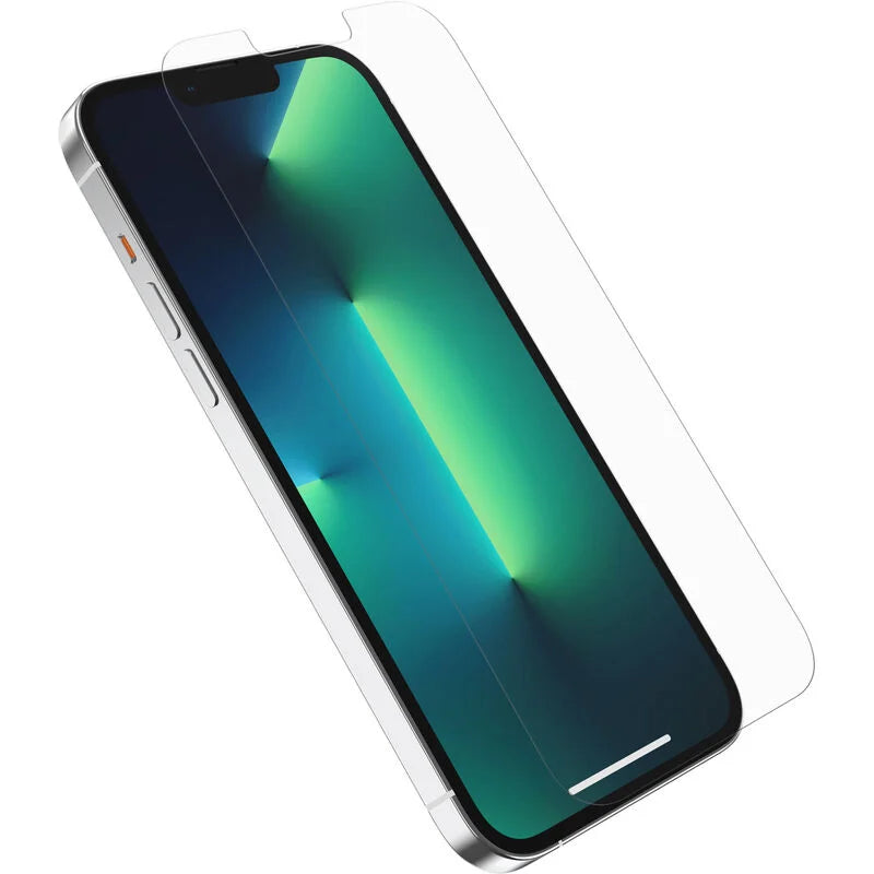 A clear tempered glass screen protector for the iPhone 13 Pro Max, depicting the screen protector applied on an iPhone with a colorful wallpaper, indicating the clarity and fit of the product.