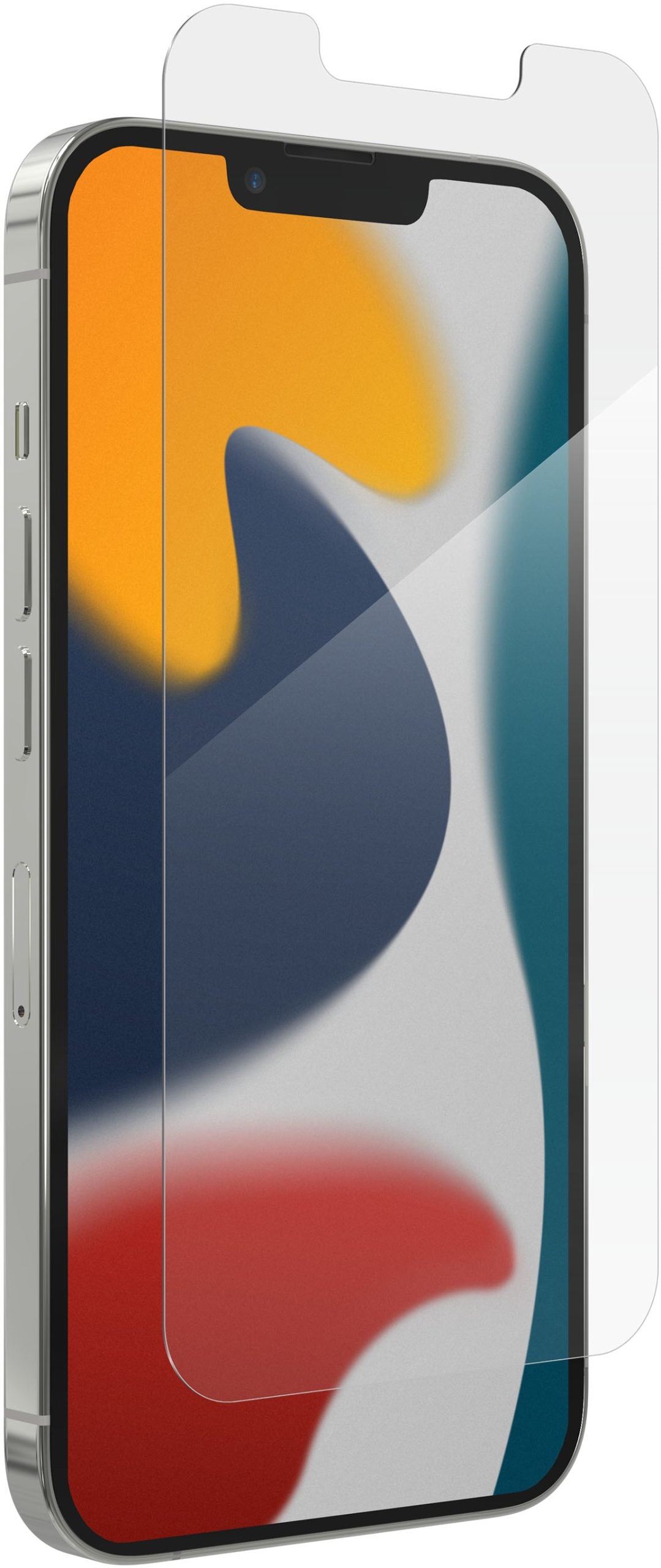 An iPhone 13 Pro screen protector with a visible front camera cutout, presented in a clear, flat position away from the phone, showcasing its transparency and fit for the device.