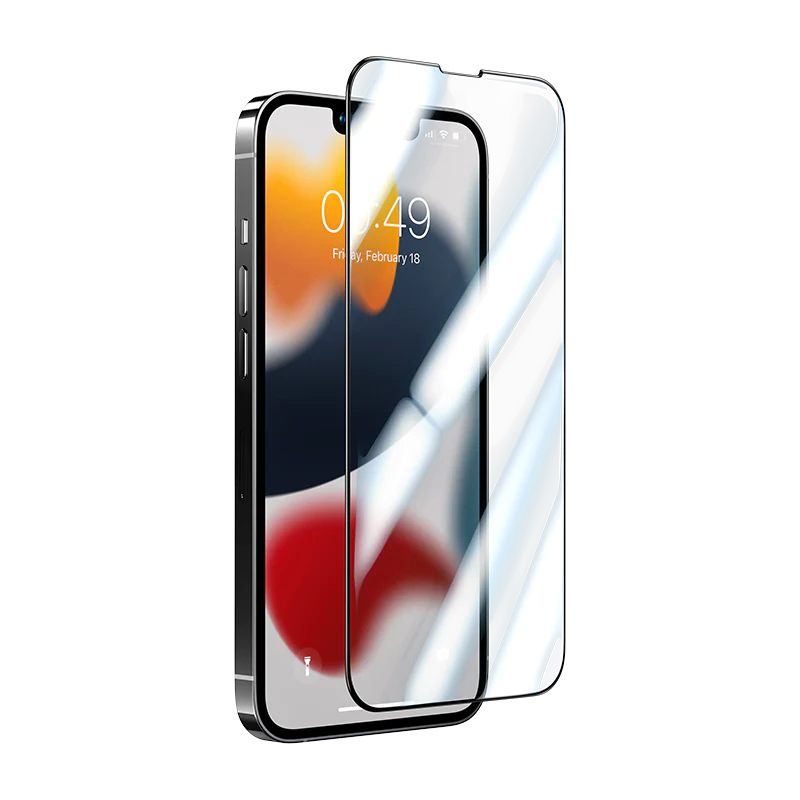 An image showing a iPhone 14 Pro Max screen protector with a reflection of a colorful screen on it.