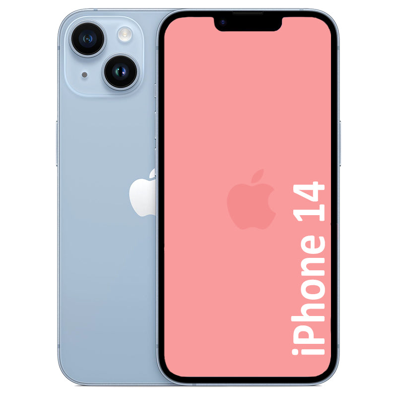 A refurbished iPhone 14 in blue color showing the front screen display and the back camera setup.