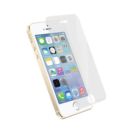 An iPhone 5S screen protector is displayed, showing the screen protector to be applied on an iPhone 5S, with a clear, full-coverage design.