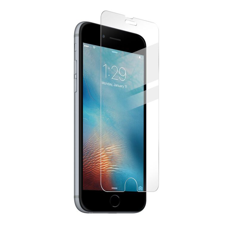 An iPhone 6 screen protector is applied to the phone, making it visible that the screen is clear and the protector is in place.