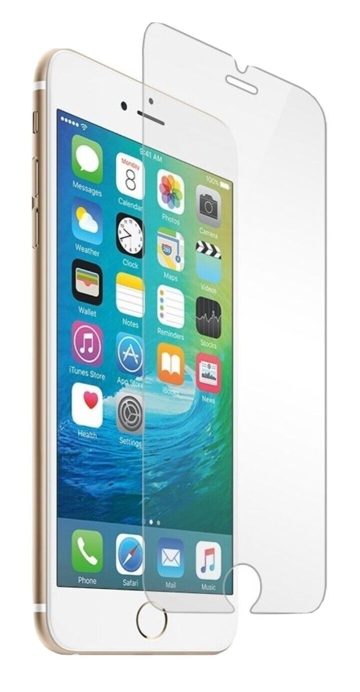 A clear tempered glass screen protector for an iPhone 6S, shown to be  applied on the phone screen.