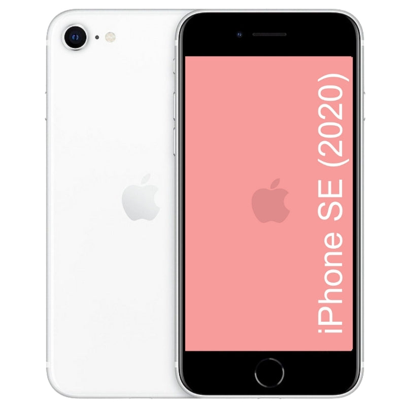 Refurbished White iPhone SE (2020) with a pink screen displaying 'iPhone SE (2020)' on a white background