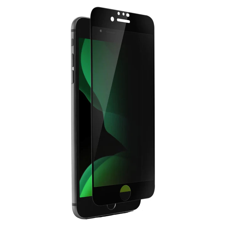 Tinted screen protector for iPhone SE 2020, showing the back of the protector applied on a smartphone, with a black and green design.