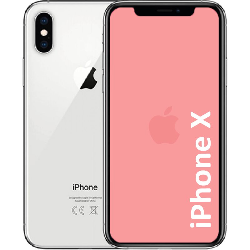 An iPhone X with a silver back and black screen, displaying the iPhone logo and the text 'iPhone X'.