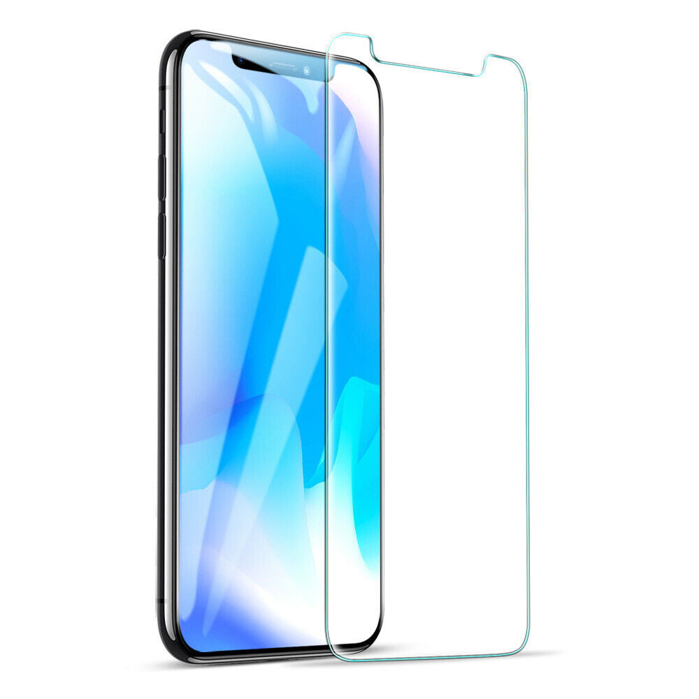 An image depicting an iPhone X screen protector with a clear, full-coverage design, displayed in a landscape orientation.