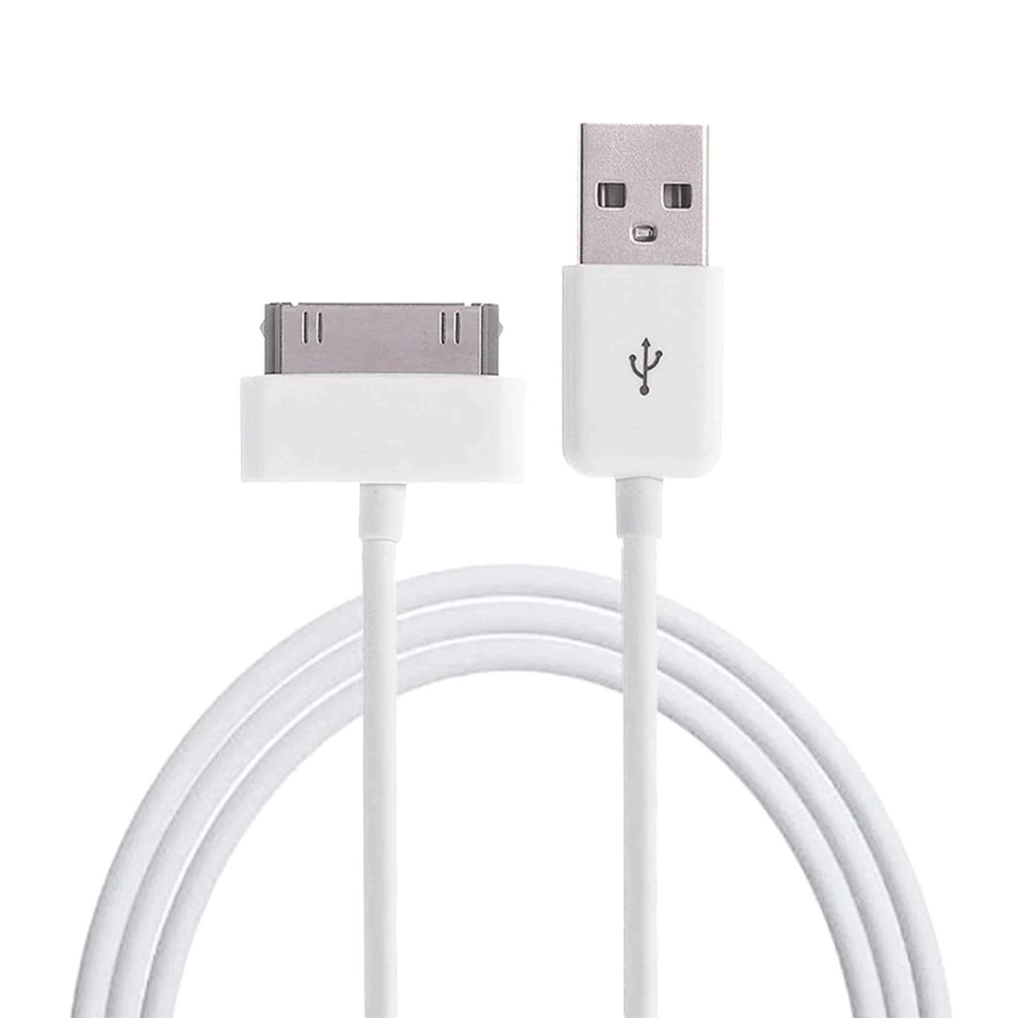 A white USB sync and data cable with a 30-pin connector on one end and a standard USB connector on the other end, compatible with iPhone, iPad, and iPod devices.