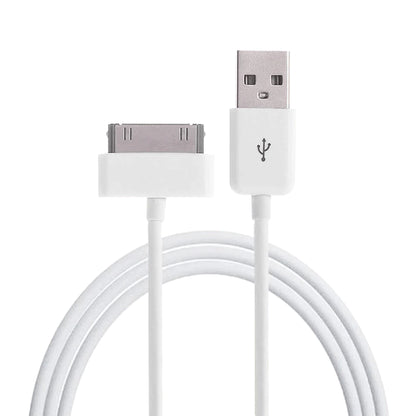 A white USB sync and data cable with a 30-pin connector on one end and a standard USB connector on the other end, compatible with iPhone, iPad, and iPod devices.