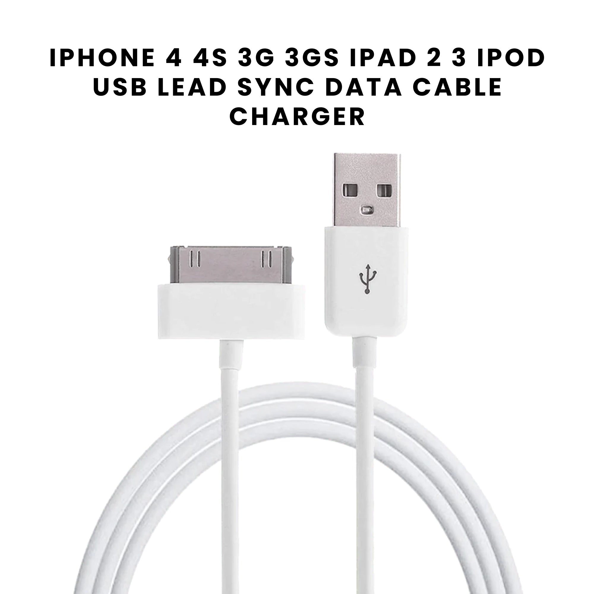 A white USB sync and data cable with a 30-pin connector on one end and a standard USB connector on the other end, compatible with iPhone, iPad, and iPod devices.