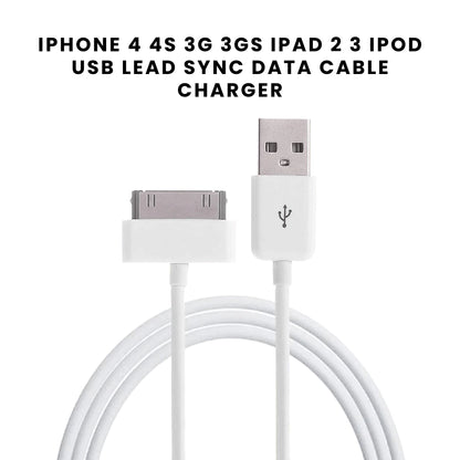 A white USB sync and data cable with a 30-pin connector on one end and a standard USB connector on the other end, compatible with iPhone, iPad, and iPod devices.