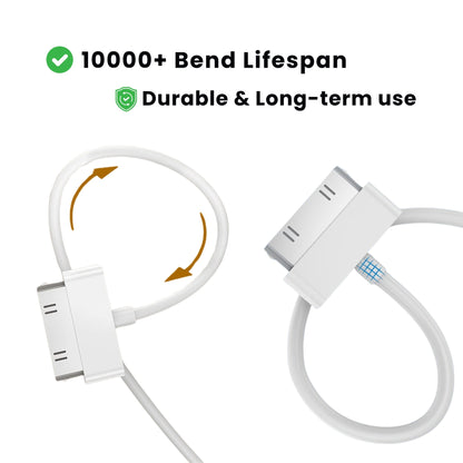 A white USB sync and data cable with a 30-pin connector on one end and a standard USB connector on the other end, compatible with iPhone, iPad, and iPod devices.