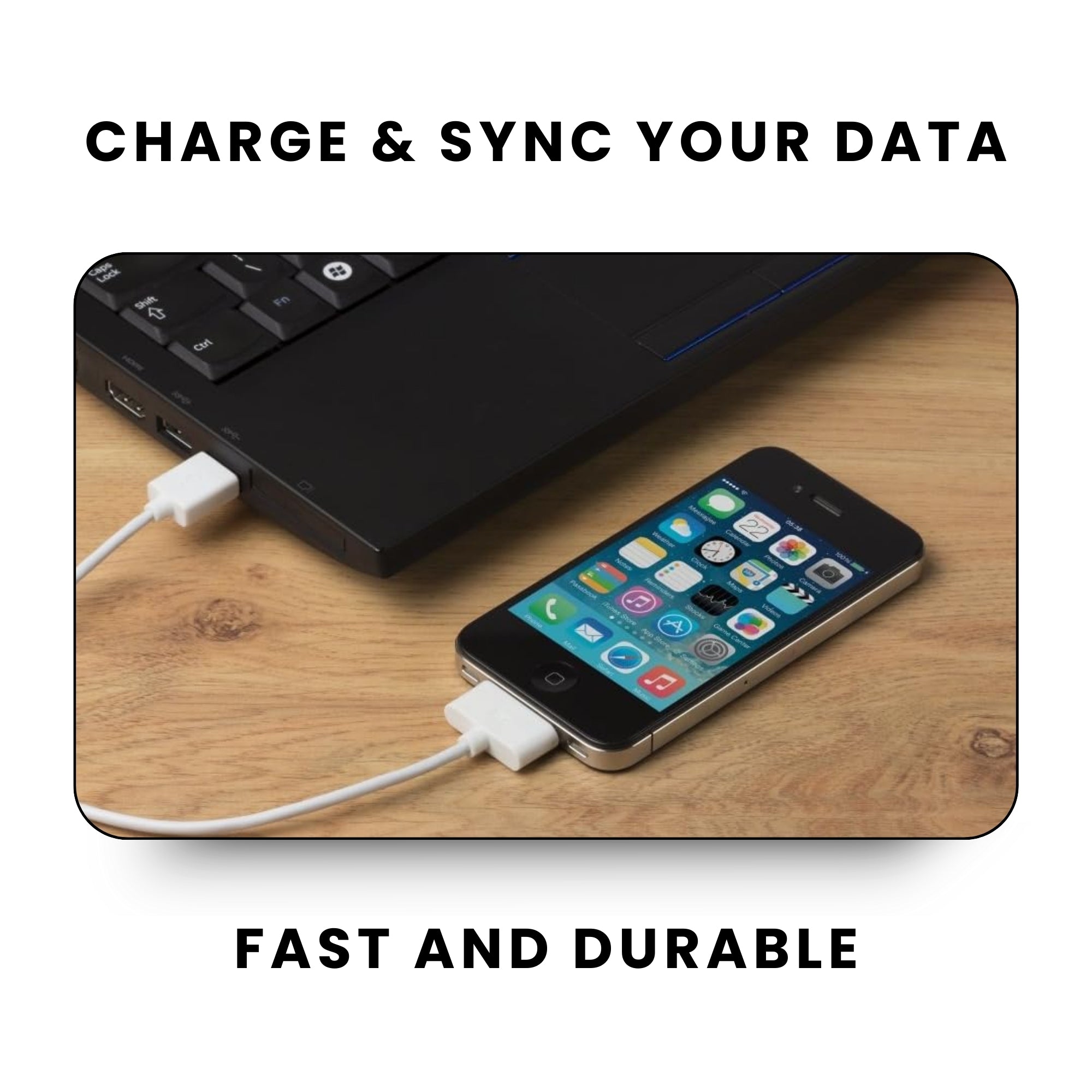 A white USB sync and data cable with a 30-pin connector on one end and a standard USB connector on the other end, compatible with iPhone, iPad, and iPod devices.