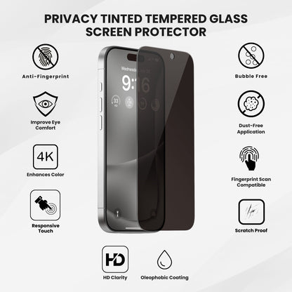 Tinted tempered glass screen protector for iPhone, showing all the features.