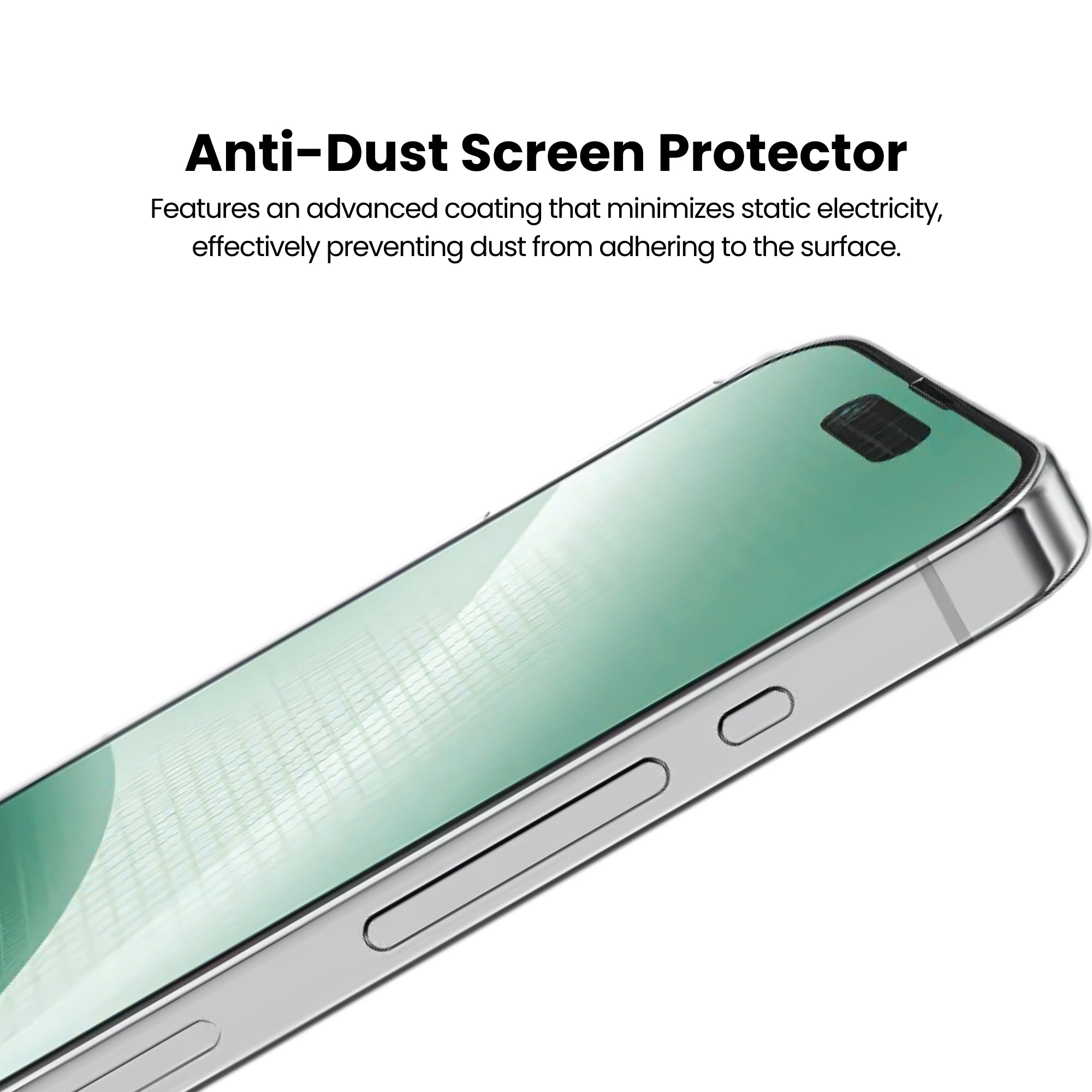 A tempered iPhone screen protector with anti-dust protection.