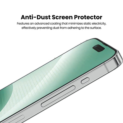 A tempered iPhone screen protector with anti-dust protection.