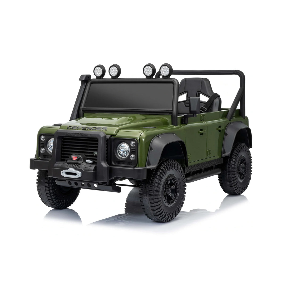 Green Land Rover Defender 110 SVX 24V Kids Electric Ride-On Jeep with chunky off-road tyres, leather seat and LED roof lights