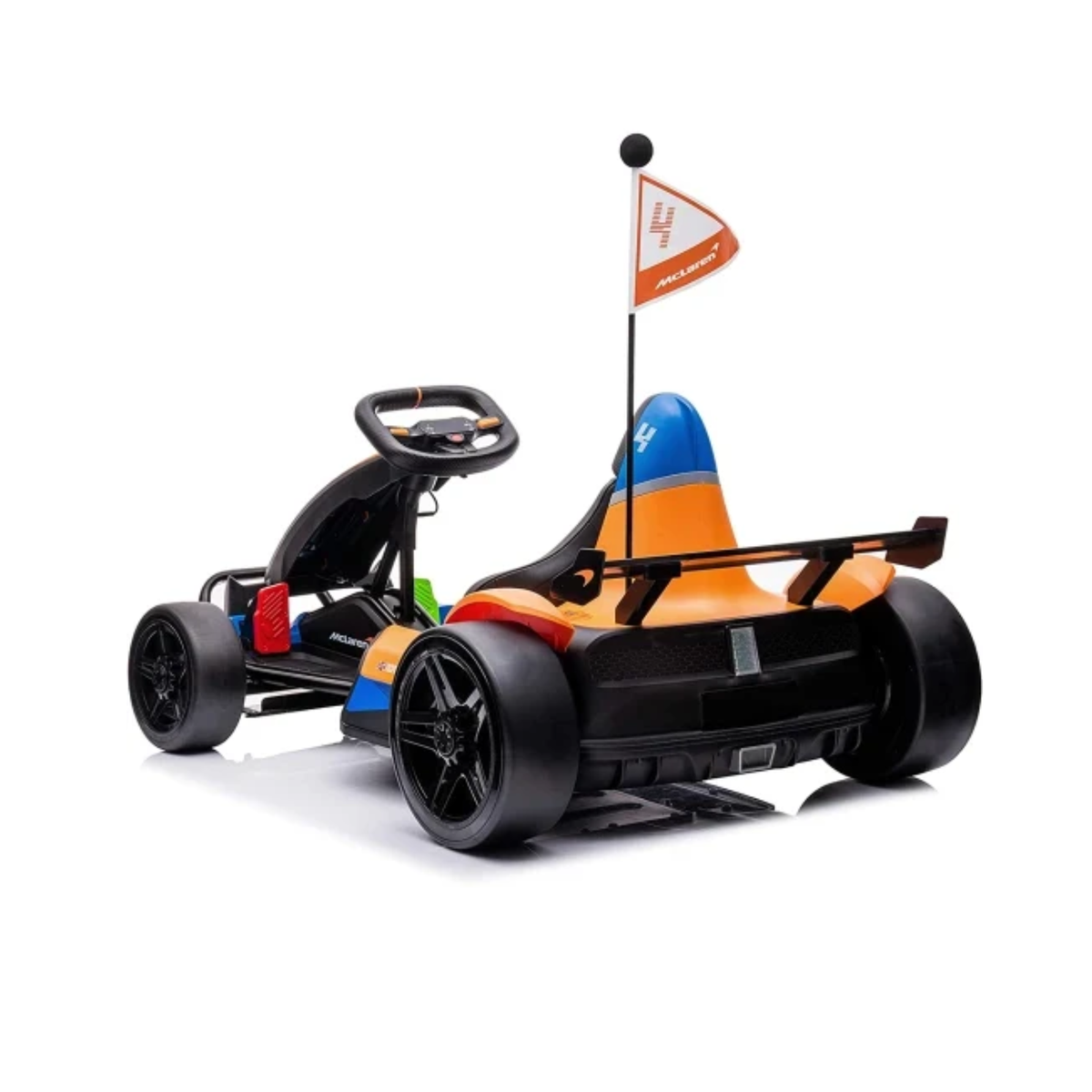 McLaren 24V electric drift go kart rear view showing drift wheels and working rear lights