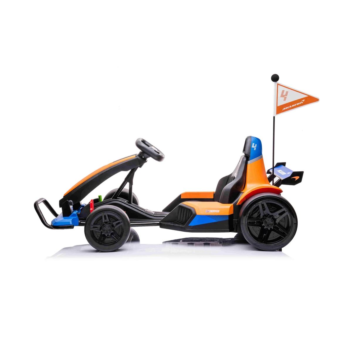 McLaren 24V kids electric drift go kart side view featuring dual 200W motors and racing seat