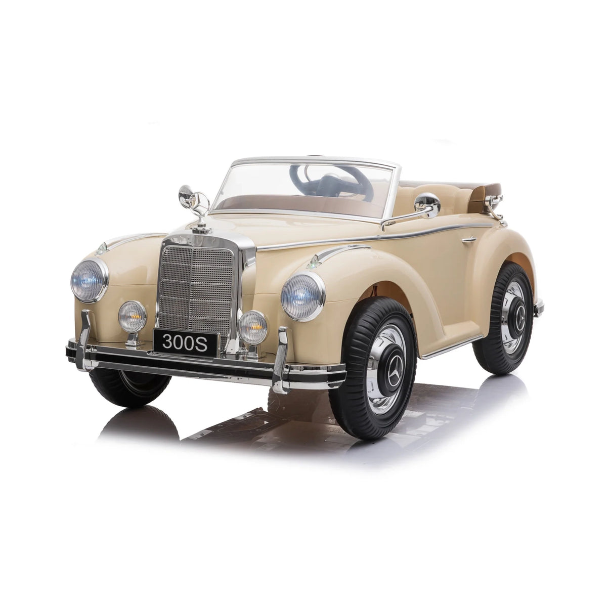 Beige Mercedes-Benz 300S Classic 12V Kids Electric Ride-On Car with chrome grille, vintage convertible styling and leather seat
