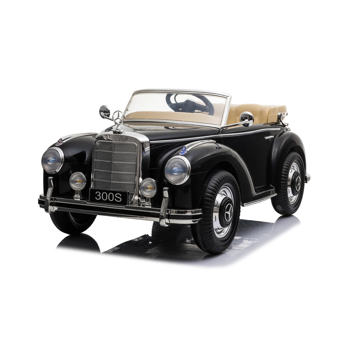 Black Mercedes-Benz 300S Classic 12V Kids Electric Ride-On Car with vintage convertible design, chrome detailing and leather seat
