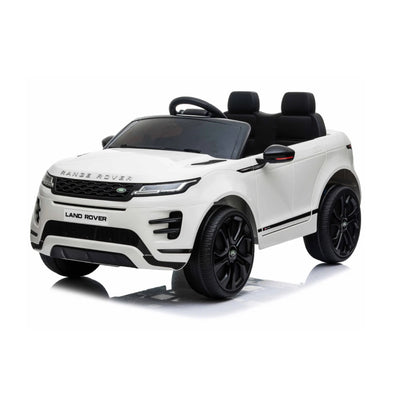 White Range Rover Evoque 12V Kids Electric Ride-On SUV with leather seating, black wheels and Range Rover branding