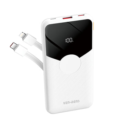 VEN-DENS VD-PB024 10000mAh 22.5W power bank with built-in USB-C and Lightning cables and digital display