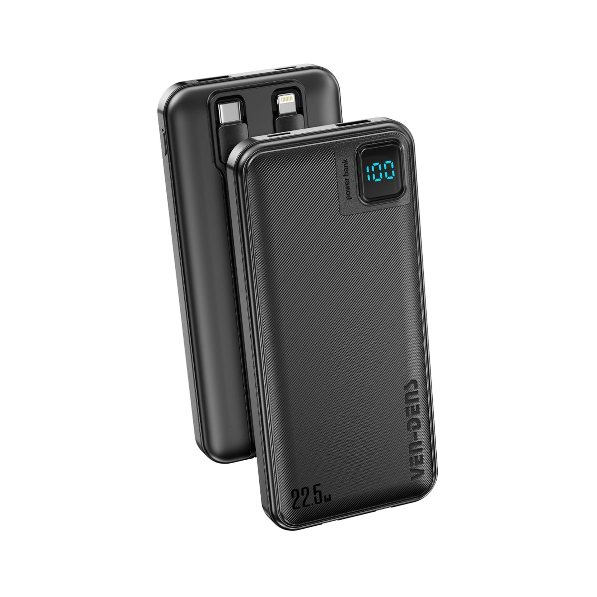 VEN-DENS VD-PB060 10000mAh power bank with built-in USB-C and Lightning charging cables and digital battery display