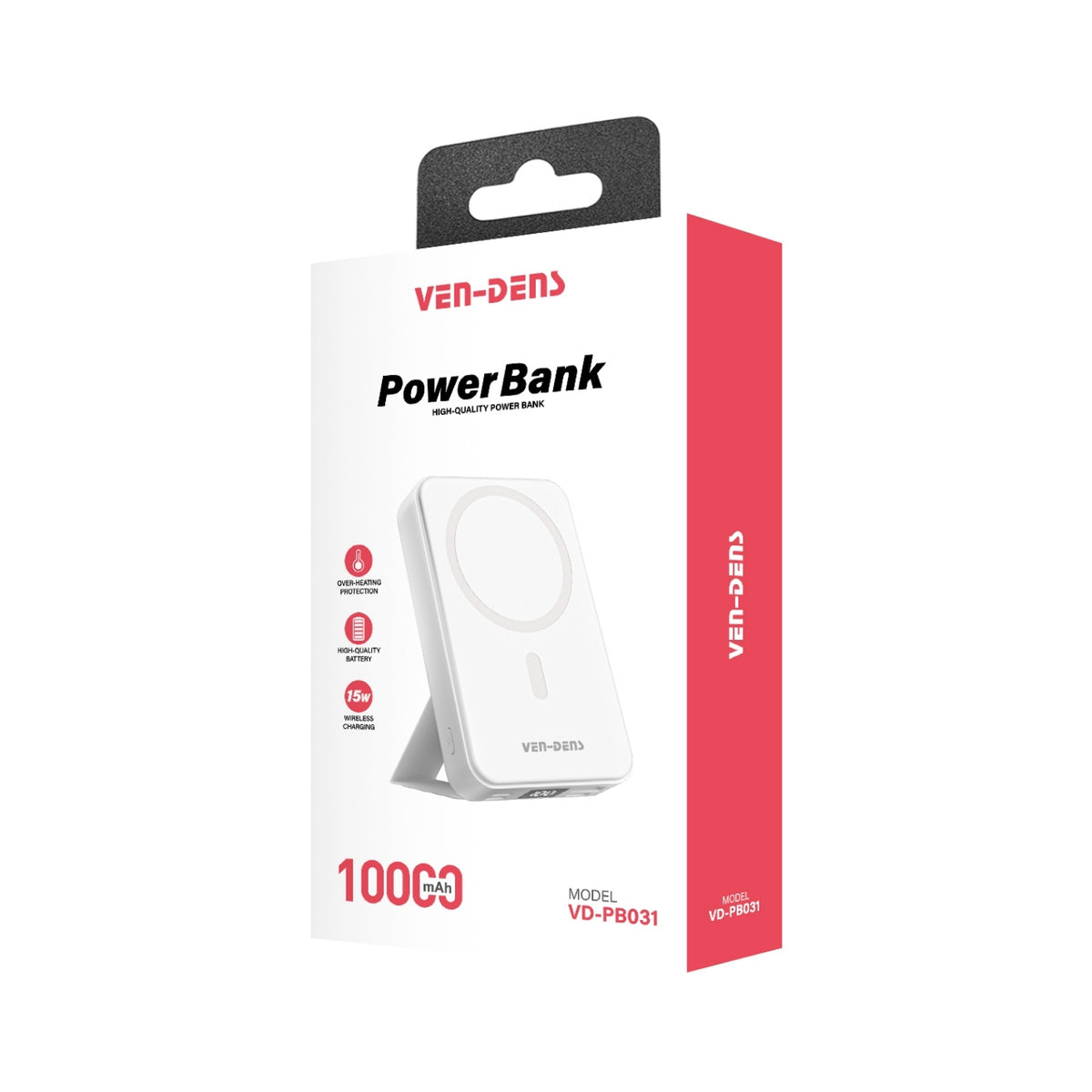 VEN-DENS VD-PB031 10000mAh magnetic wireless power bank retail packaging showing 15W wireless charging