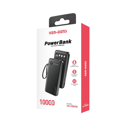 VEN-DENS VD-PB058 10000mAh power bank original retail packaging showing built-in charging cables and product details