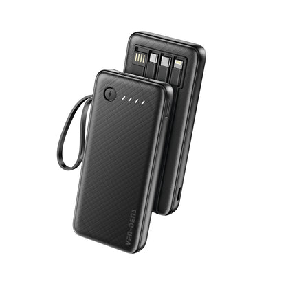 VEN-DENS VD-PB058 10000mAh portable power bank with built-in charging cables and LED battery indicator