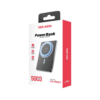 VEN-DENS VD-PB023 5000mAh magnetic wireless power bank original retail packaging showing charging features